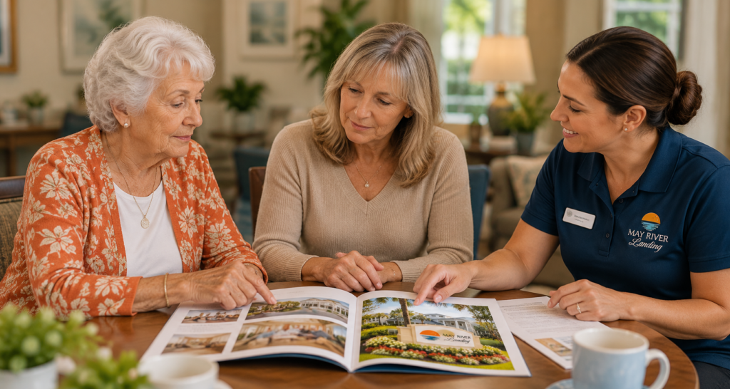 A resident and her daughter reviewing apartment options with a team member