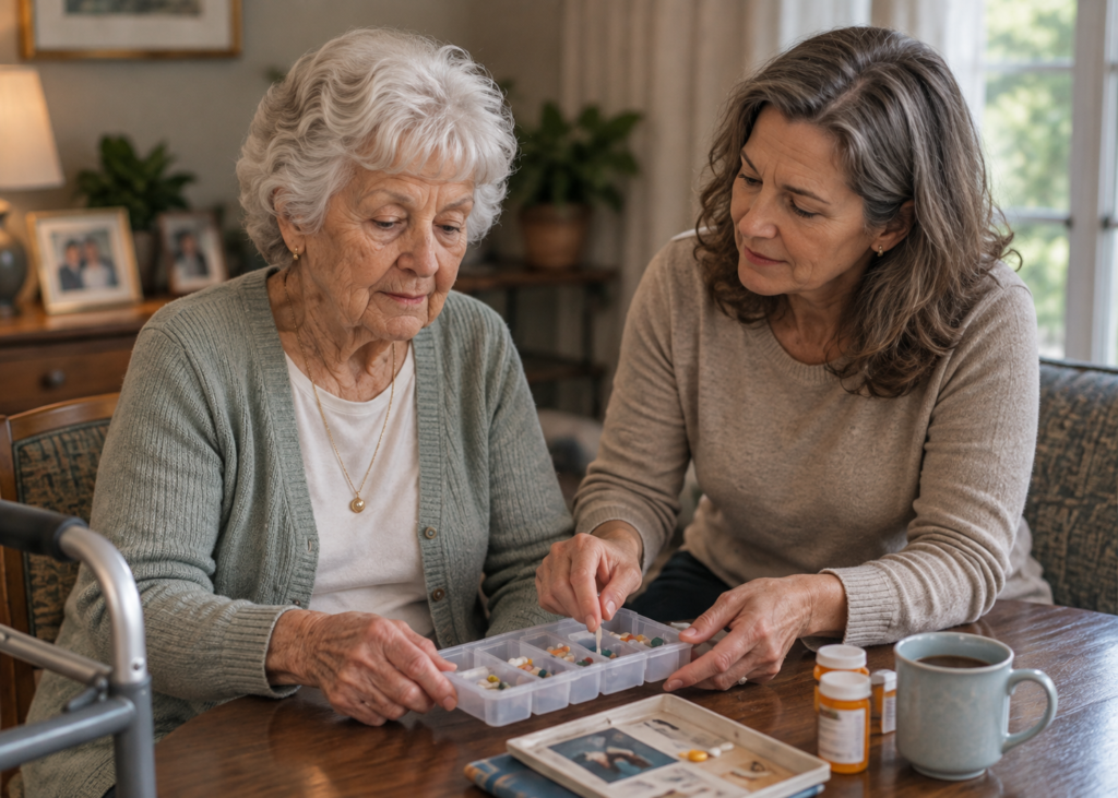 A daughter helping her mother organize medications