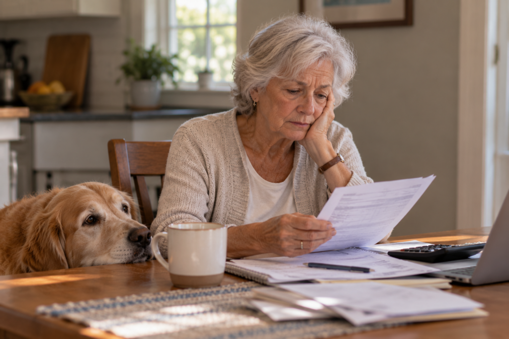 A woman sorting mail and laundry at her kitchen table