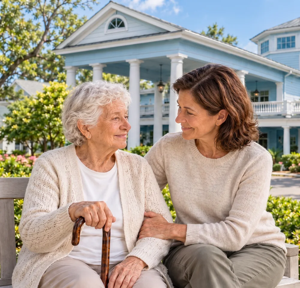 A resident and her daughter sitting together outside May River Landing