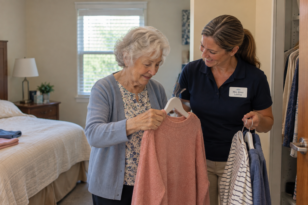 A caregiver helping a resident choose a sweater