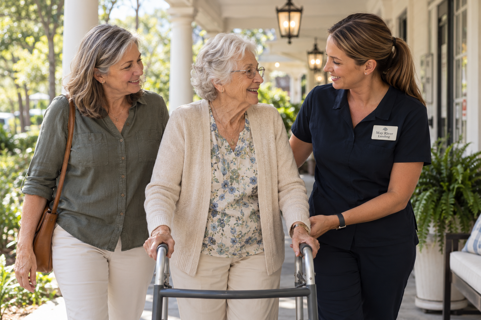 A resident walking with her daughter and a caregiver