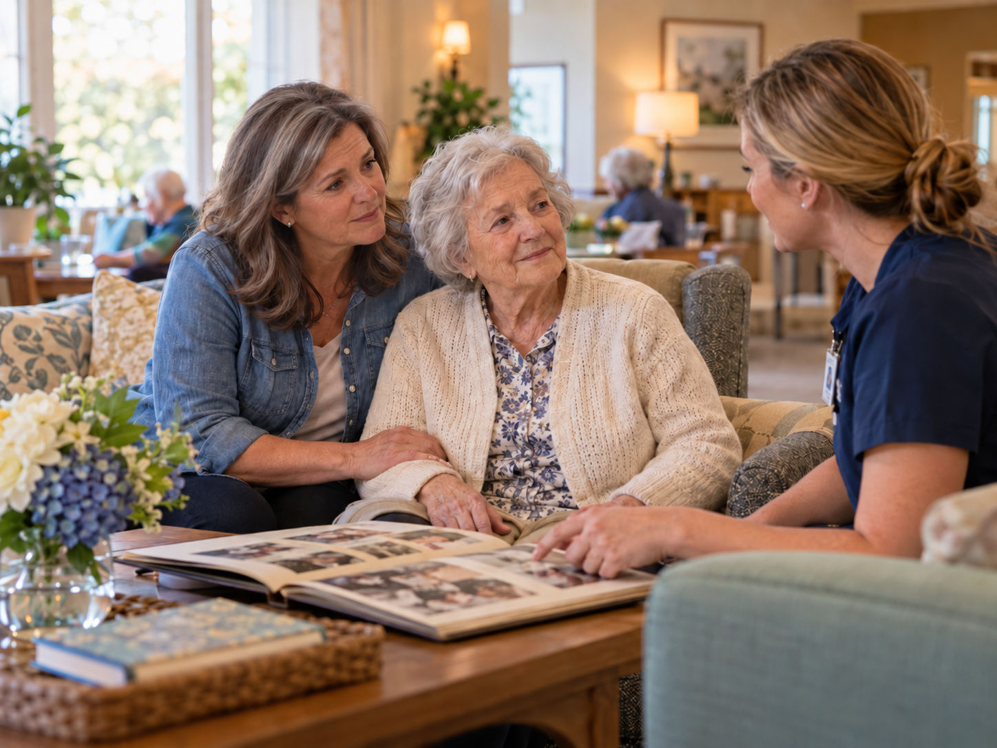 A resident and her daughter talking with a May River Landing care professional