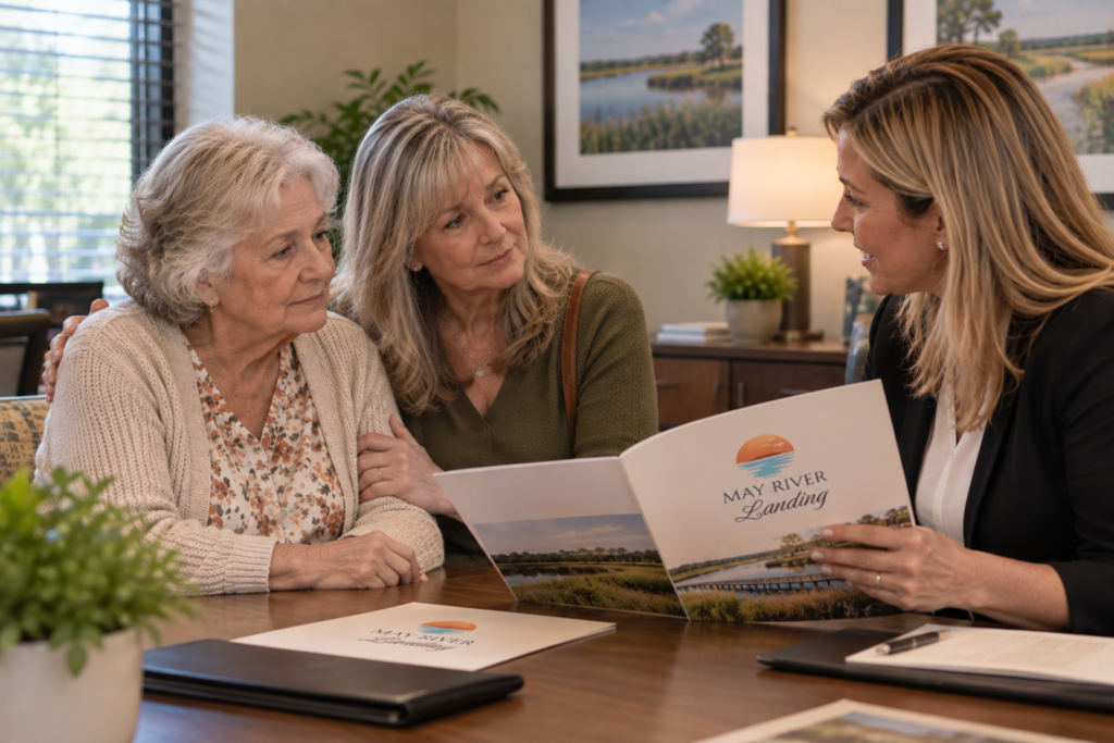 A resident and her daughter reviewing a brochure with a team member