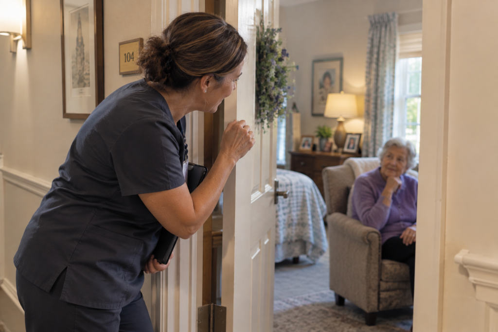 A caregiver supporting a resident walking with a walker