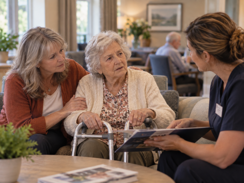 A family reviewing memory care information with a team member